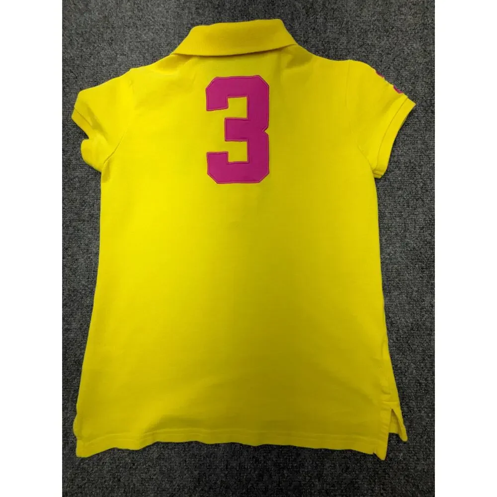 Ralph Lauren Big Pony Polo Shirt Girls XL 16 Yellow Blue Logo #3 Cotton PERU